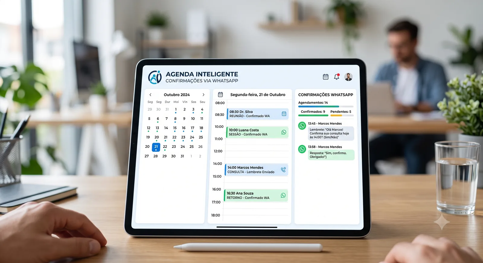 Agenda inteligente em tablet com confirmações de consulta via WhatsApp e horários organizados