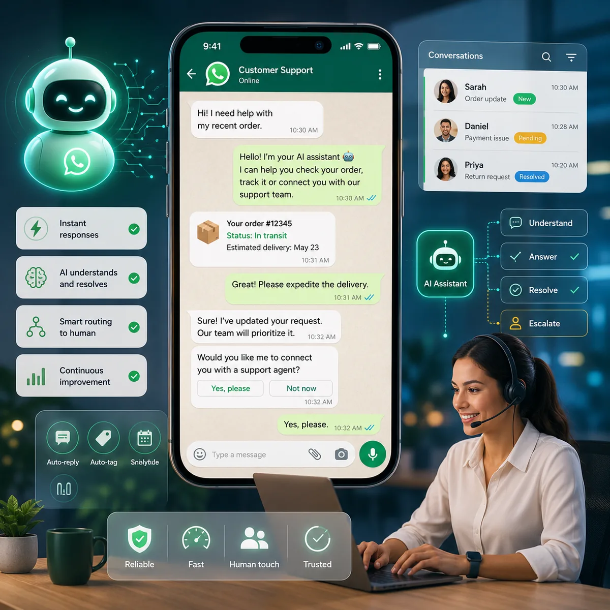 Comparação visual entre atendimento por WhatsApp, IA, respostas automáticas e passagem para suporte humano