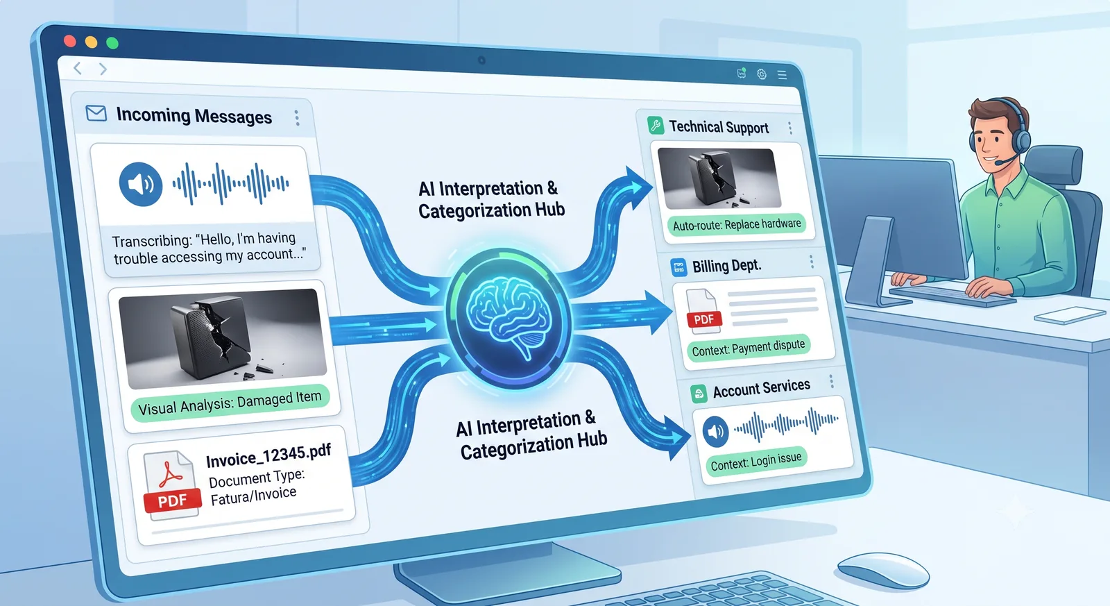 Documentos, áudio e imagem entrando em um hub de interpretação de IA antes do atendimento humano