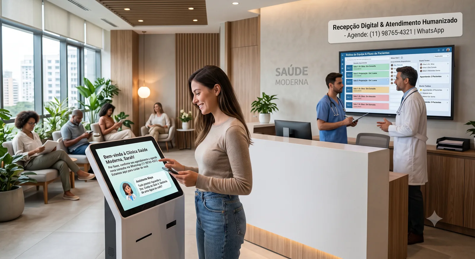 Recepção de clínica com totem digital, agenda no painel e atendimento humano apoiado por WhatsApp