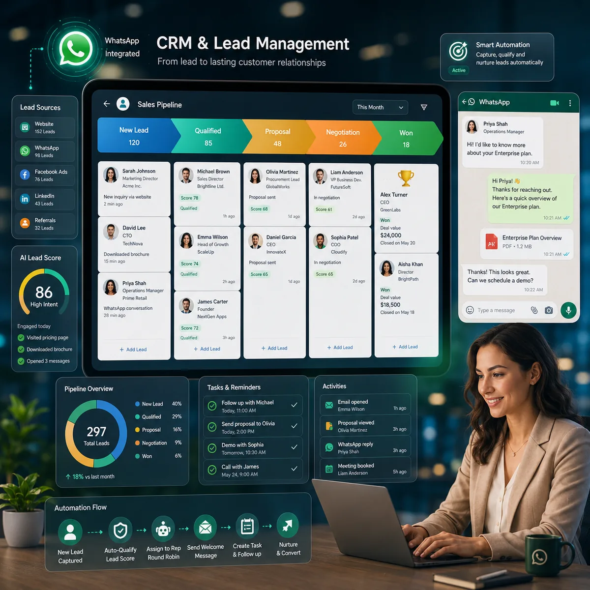 Leads vindos de canais digitais entrando em CRM com WhatsApp integrado e automação comercial