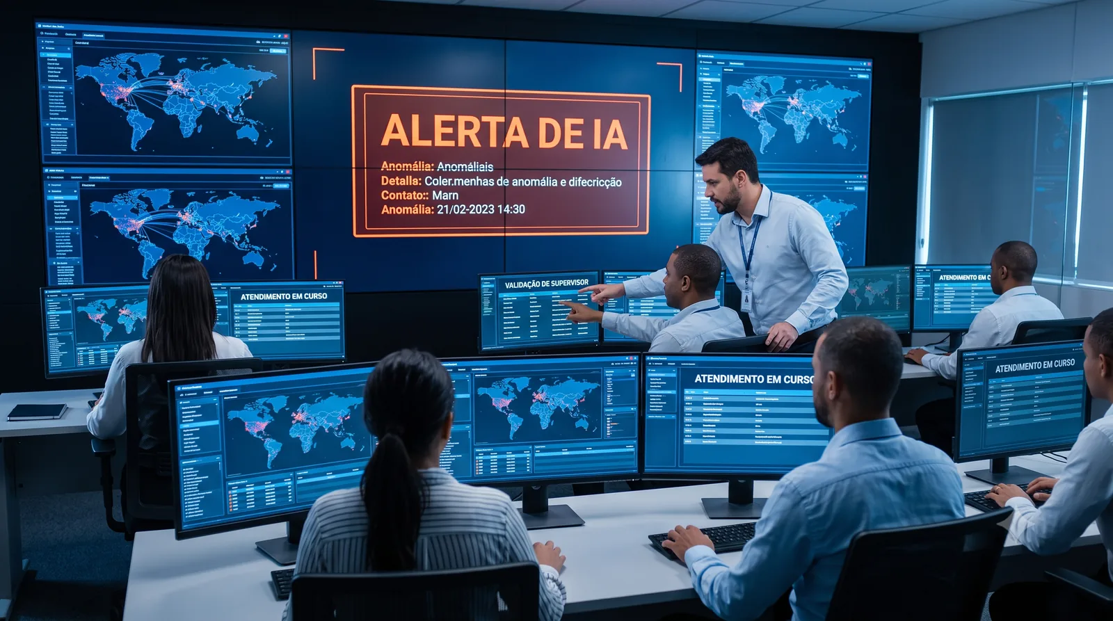 Equipe acompanhando painel de alerta de IA com validação humana e atendimento em curso