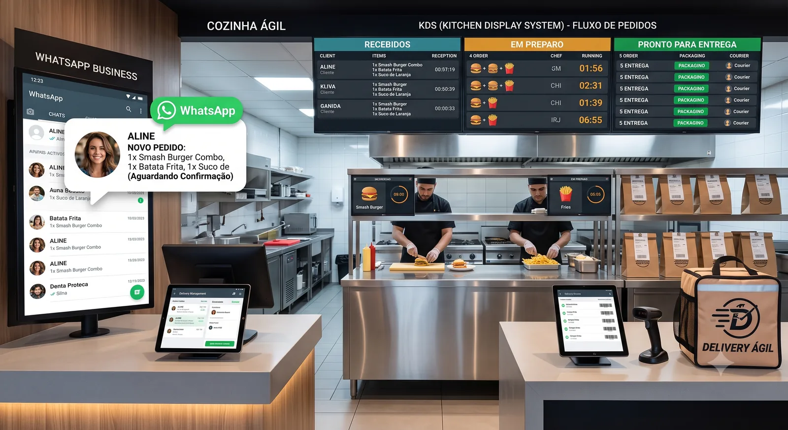 Cozinha de restaurante com pedidos de WhatsApp, KDS e fluxo de delivery organizado